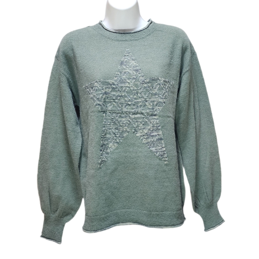Democracy Space Dye Star Knit Sweater Crew Neck Long Blouson Sleeve Green S